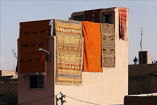 露天市场,房子,彩色,地毯,玛拉喀什,摩洛哥,非洲