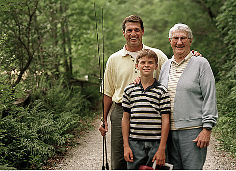 肖像,爷爷,父子,渔具,贝尔格莱德湖区,缅因,美国