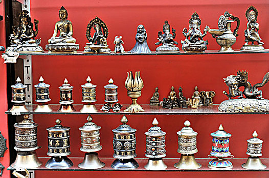 青铜,小雕像,转经轮,纪念品,旅游,市场,巴克塔普尔,加德满都山谷,尼泊尔,亚洲