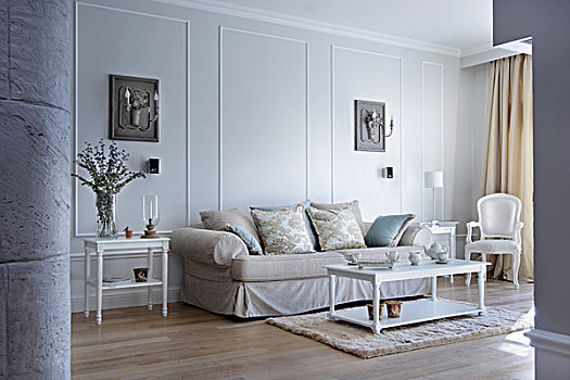 优雅,沙发,白色,老式,家具,苍白,灰色,墙壁,粉饰灰泥,灯架,灯,背影,盘子