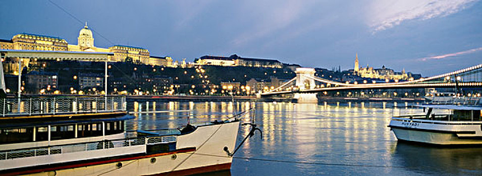 皇宫,链索桥,上方,多瑙河,黄昏