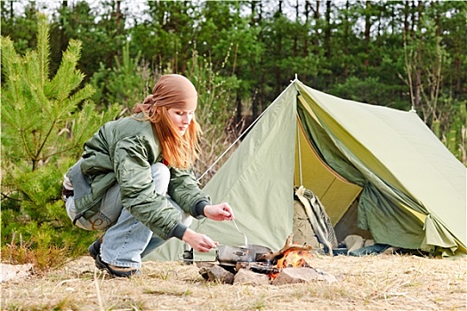 露营,女人,帐蓬,烹饪,食物,火,自然