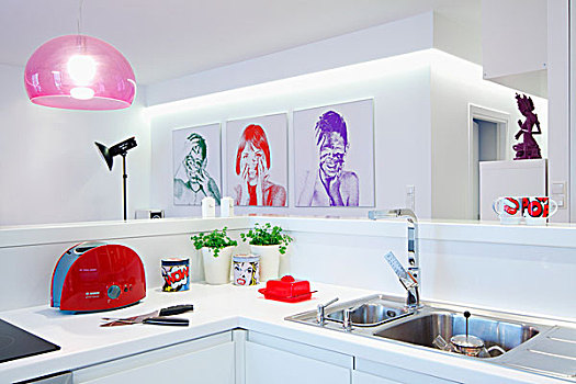 风景,白色,厨房操作台,照片,头像,白色背景,墙壁,粉色,吊灯