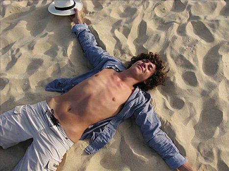 佛得角,半岛,圣马利亚,海滩,男孩,躺着,沙子