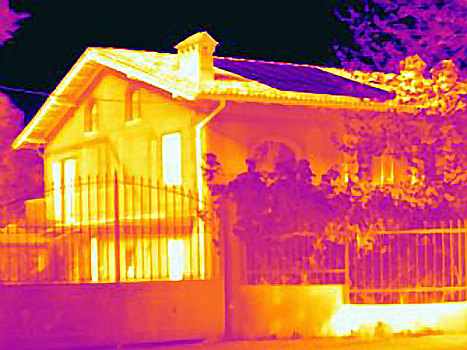 热成像,房子,太阳能电池,屋顶,亮光,能量,太阳能电池板,房顶,寒冷,图像