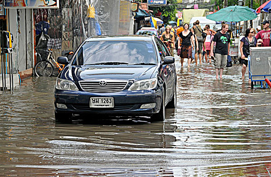 洪水,街道,重,雷暴,曼谷,泰国,亚洲