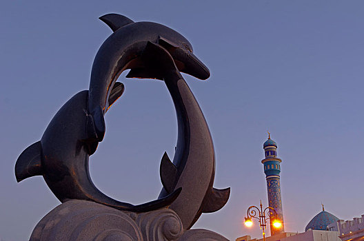 海豚,雕塑,尖塔,清真寺,马斯喀特,区域,阿曼,亚洲