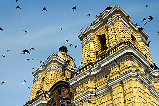 鸽子,飞,旧金山,大教堂,博物馆,殖民地,利马,秘鲁,十二月,2008年