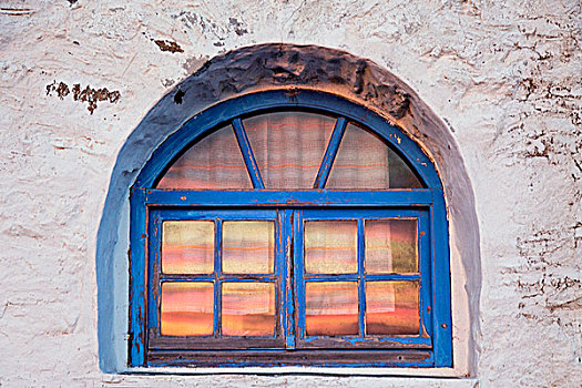 窗户,日落,反射,米克诺斯岛,希腊