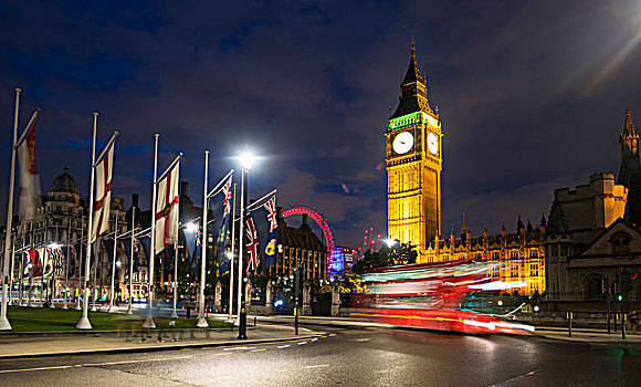红色,双层巴士,正面,大本钟,议会大厦,光影,夜景,威斯敏斯特,伦敦,区域,英格兰,英国