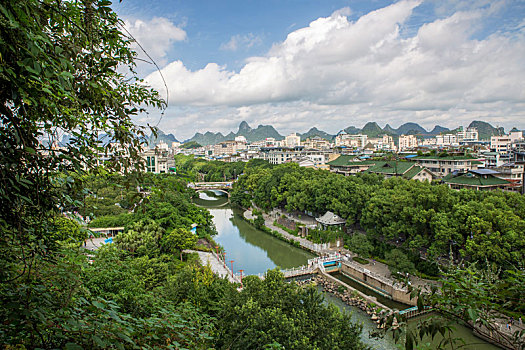 从象鼻山山顶俯瞰中国广西桂林市风光