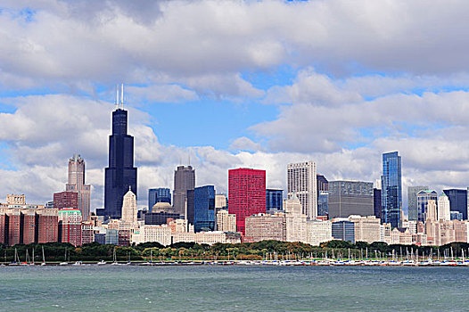 芝加哥,天际线,上方,密歇根湖