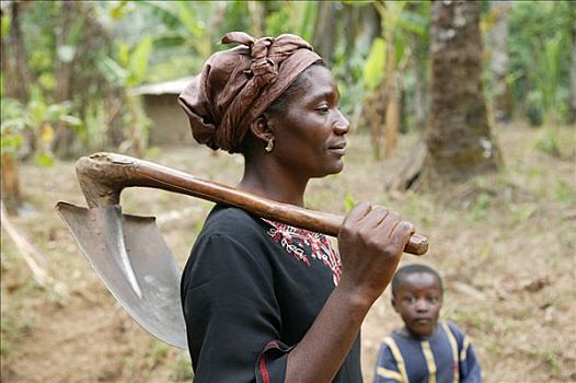 女人,锹,工作,地点,喀麦隆,非洲