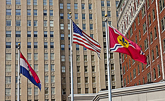 三个旗帜,飞,市区,密苏里,美国