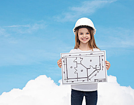 建筑,成长,概念,微笑,小女孩,白色,头盔,展示,蓝图