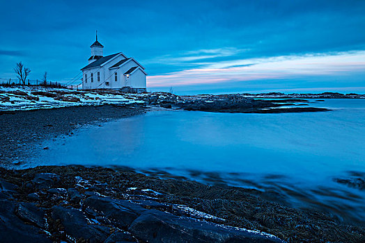 教堂,海岸,黄昏,罗弗敦群岛,挪威,欧洲