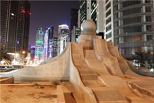 珍珠,喷泉,多哈,市区,夜晚,卡塔尔,中东