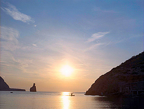 风景,湾,日落,伊比沙岛,西班牙