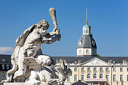 雕塑,正面,城堡,卡尔斯鲁厄,巴登符腾堡,德国,欧洲