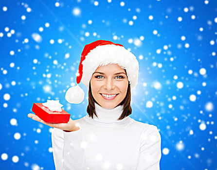 圣诞节,冬天,高兴,休假,人,概念,微笑,女人,圣诞老人,帽子,小,红色,礼盒,上方,蓝色,雪,背景