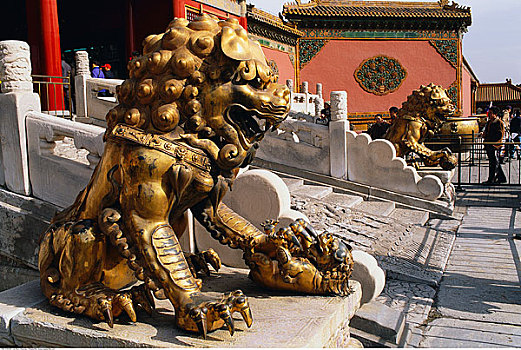 雕塑,狮子,保护,入口,故宫,北京,中国