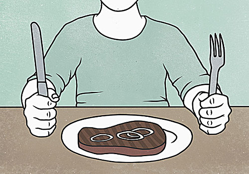 插画,男人,坐,餐桌,后面,牛排,盘子