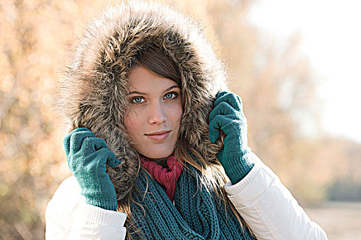 冬季时尚,女人,毛皮,帽子,手套,户外,彩色