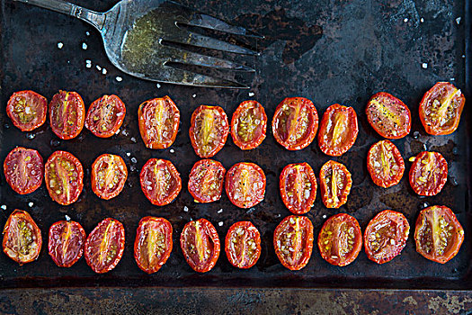 俯视,排,平分,烤,西红柿,烘培器皿