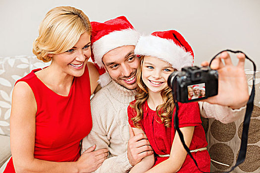 家庭,圣诞节,圣诞,冬天,高兴,人,概念,微笑,圣诞老人,帽子,照相,相机