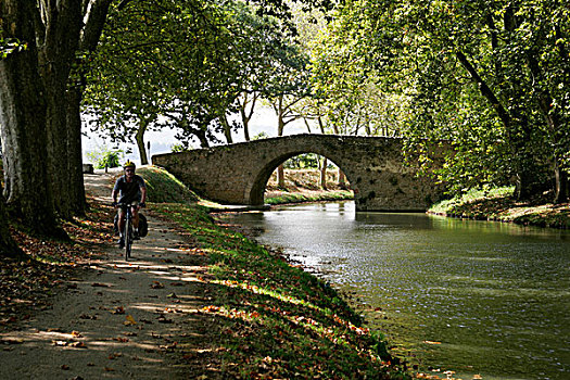男人,自行车,小桥,运河,卡尔卡松尼,朗格多克-鲁西永大区,法国,欧洲