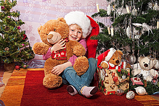 女孩,拿着,泰迪熊,圣诞节