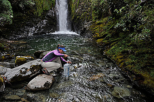 中年,女人,水,样品,河流,卡胡朗吉国家公园,新西兰