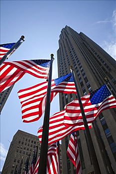 美国国旗,洛克菲勒中心,建筑背景,纽约,美国