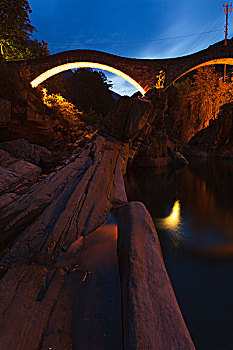 桥,光亮,夜晚,提契诺河,洛迦诺,瑞士