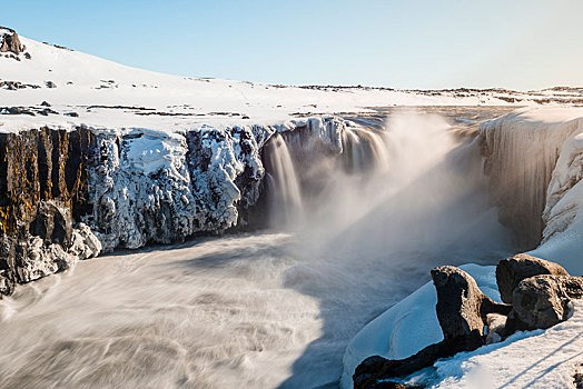 落下,水,大量,瀑布,冬天,峡谷,北方,冰岛,欧洲