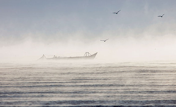 秋天晨雾中的渔船