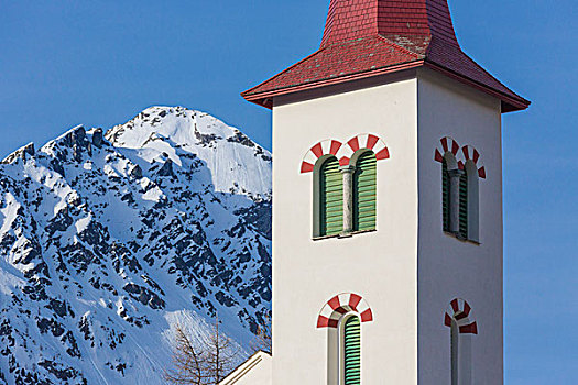 钟楼,高山,教堂,框架,雪,顶峰,山谷,格劳宾登,恩格达恩,瑞士,欧洲