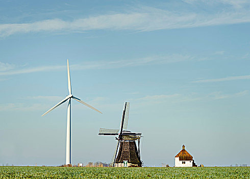 现代,风轮机,传统,荷兰,风车,站立,一起,弗里斯兰省