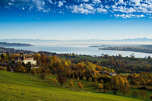 风景,上方,康士坦茨湖,秋天,城堡,正面,高山,链子,背影,靠近,地区,巴登符腾堡,德国,欧洲