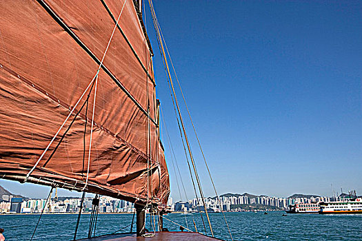 中国帆船,维多利亚港,北方,指示,天际线,背景