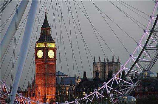 英格兰,伦敦,大本钟,风景,伦敦眼
