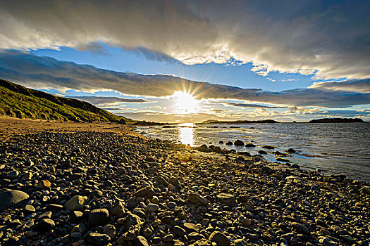 太阳,发光,上方,湾,岩石,海滩,日落,北方,福斯河,苏格兰,英国