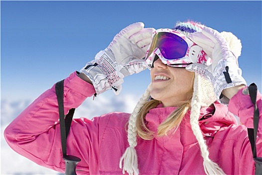 微笑,滑雪,调整,护目镜