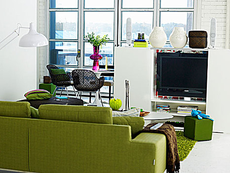 绿色,沙发,一半,高度,白色,娱乐中心,花,花瓶,正面,内庭,门