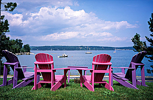 加拿大,新斯科舍省,湾,彩色,宽木躺椅,俯瞰,平静