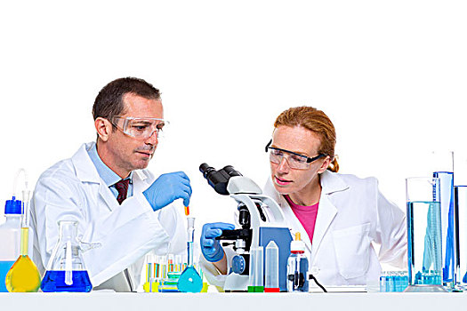 化学品,实验室,两个,科学家,工作,试管,显微镜