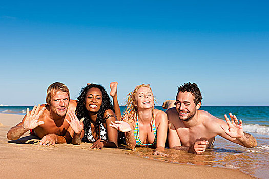 群体,四个,朋友,男人,女人,海滩,许多,有趣,度假