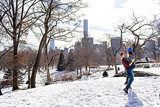 浪漫,年轻,情侣,乐趣,雪,中央公园,纽约,美国