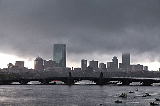 美国,马萨诸塞,波士顿,天际线,雨,正面
