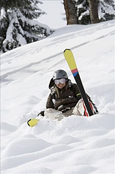 坐,女人,雪地,滑雪